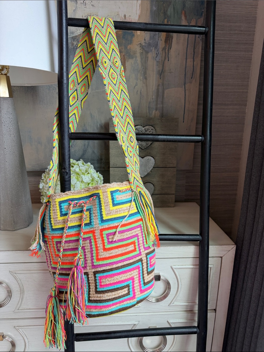 Colorful Geometric Woven Bucket Bag with Tassels